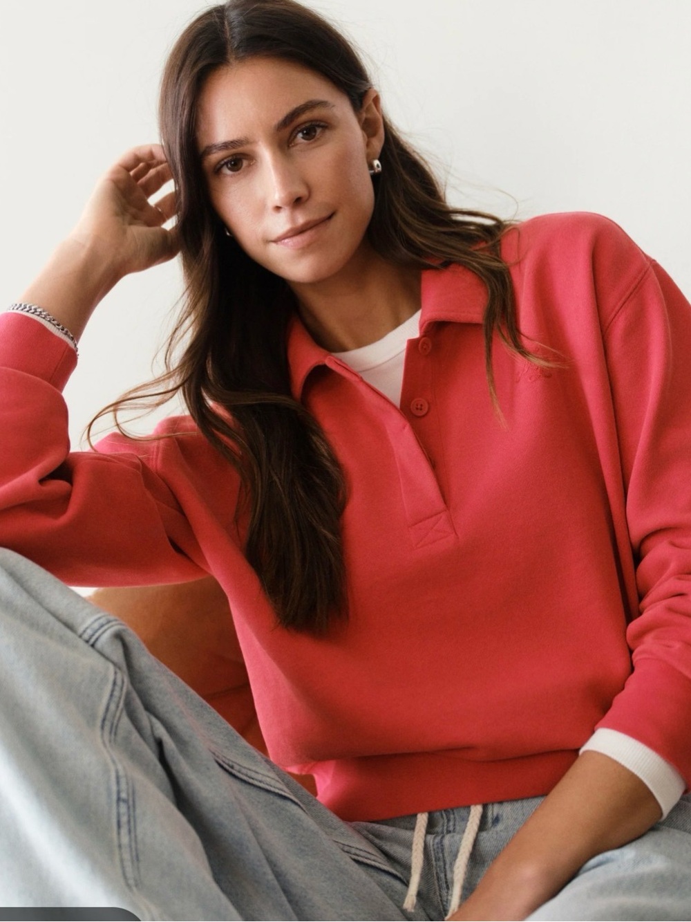 Women’s Coral Long-Sleeve Polo Sweatshirt size small